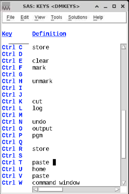 Screenshot of SAS settings, showing key mappings; \